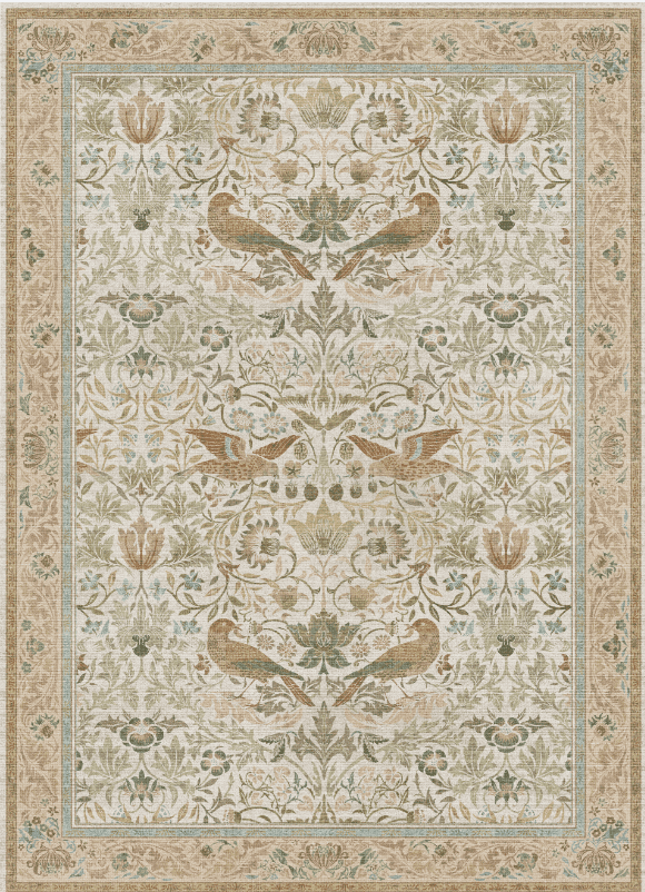 KUETH 8'x10' Vintage Floral Area Rugs for Living Room, Non Slip Machine Washable Forest Bird Rug, Low Pile Print Rug for Bedroom Dining Room Home Office