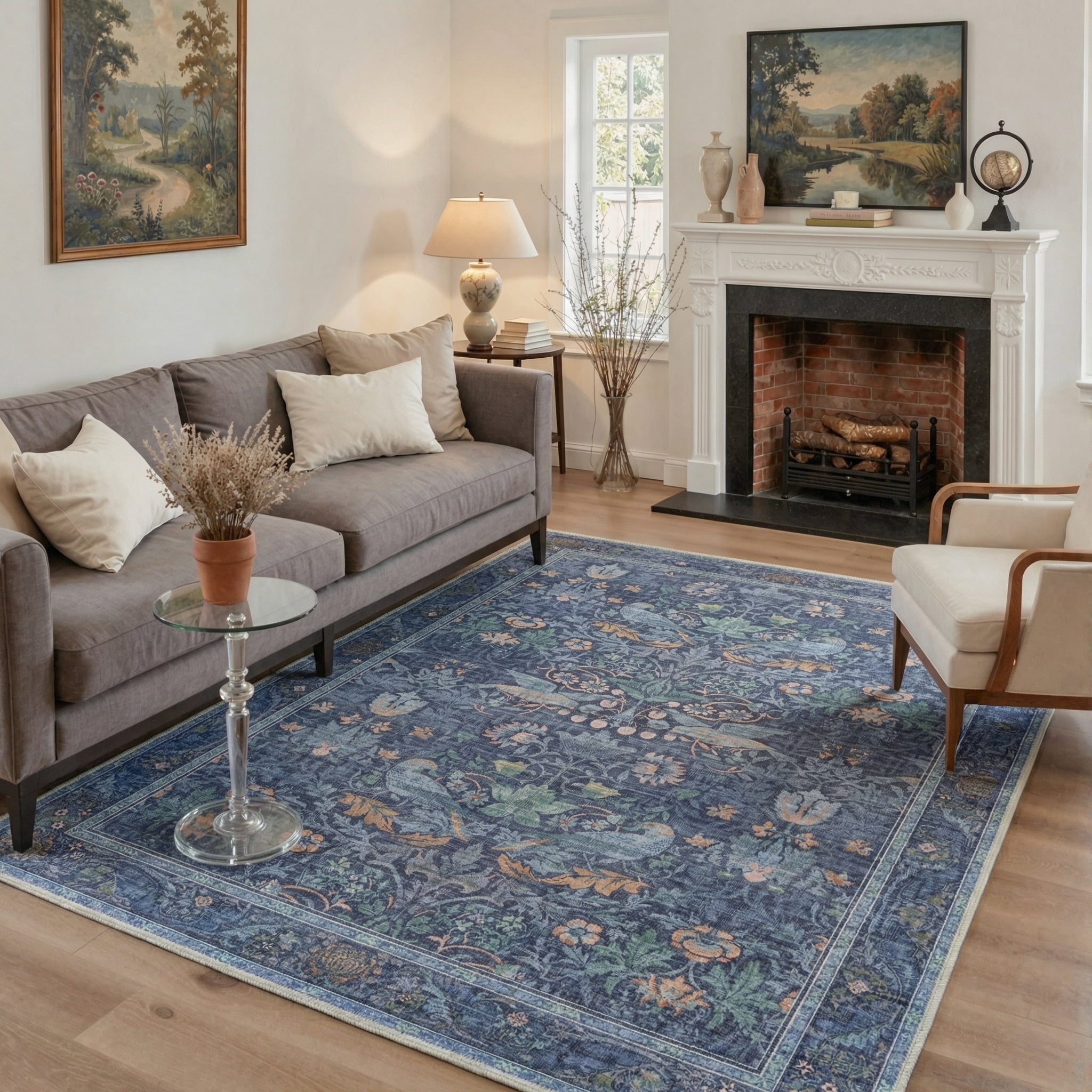 KUETH 8'x10' Vintage Floral Area Rugs for Living Room, Non Slip Machine Washable Forest Bird Rug, Low Pile Print Rug for Bedroom Dining Room Home Office