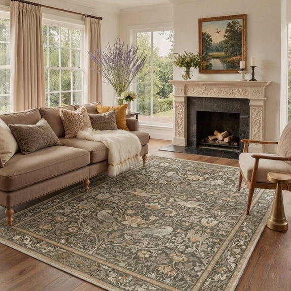 KUETH 8'x10' Vintage Floral Area Rugs for Living Room, Non Slip Machine Washable Forest Bird Rug, Low Pile Print Rug for Bedroom Dining Room Home Office