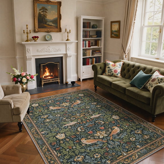 KUETH 8'x10' Vintage Floral Area Rugs for Living Room, Non Slip Machine Washable Forest Bird Rug, Low Pile Print Rug for Bedroom Dining Room Home Office