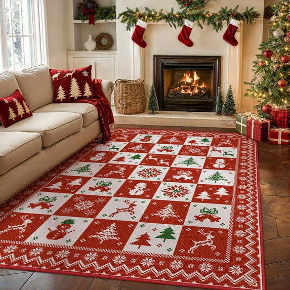 KUETH 8X10 Area Rugs Christmas Rug, Machine Washable Rug, Area Rugs for Livingroom, Printed Christmas Decor,Ultra-thin Non Slip Rug, Low Pile for Bedroom, Kitchen, Dinning room