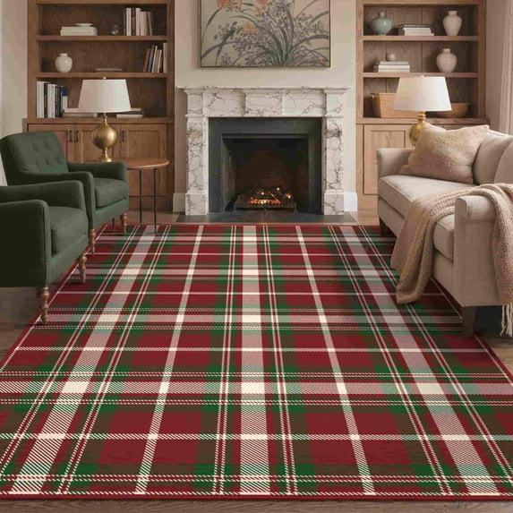 KUETH Large Indoor Area Rug 8×10, Machine Washable Rug, Area Rugs for Living Room,Red & Green Printed Decor Rug, Non-Slip Rug, Bedroom, Kitchen, Dinning Room
