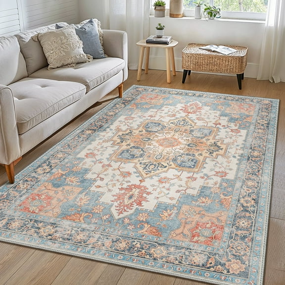 KUETH 8X10 Area Rugs for Living Room, Non Slip Machine Washable Retro Rugs, Ultra-thin Print Rug for Bedroom, Dining Room, Home Office.