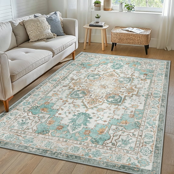KUETH 8X10 Area Rugs for Living Room, Non Slip Machine Washable Retro Rugs, Ultra-thin Print Rug for Bedroom, Dining Room, Home Office.