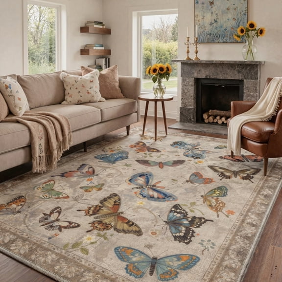 KUETH 8X10 Butterfly Area Rugs for Living Room, Non Slip Machine Washable Vintage Persian Rug, Low Pile Print Rug for Bedroom Dining Room Home Office