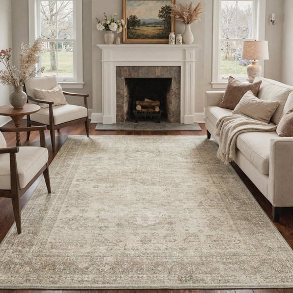 KUETH 8X10 Vintage Area Rugs Machine Washable Rugs for Living Room, Non Slip Flat Pile Rug with Rubber Backing, Boho Rug for Entryway Bedroom Dining Room Home Office