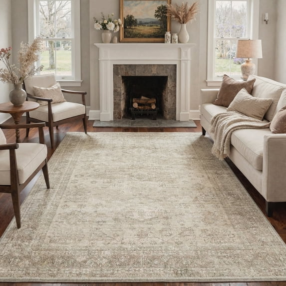KUETH 8X10 Vintage Area Rugs Machine Washable Rugs for Living Room, Non Slip Flat Pile Rug with Rubber Backing, Boho Rug for Entryway Bedroom Dining Room Home Office