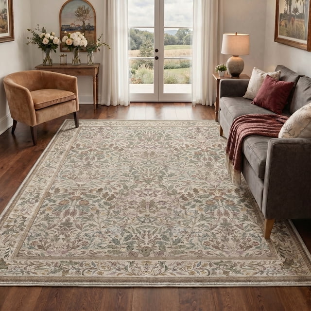 KUETH 8X10 Vintage Area Rugs Machine Washable Rugs for Living Room, Non Slip Flat Pile Rug with Rubber Backing, Boho Rug for Entryway Bedroom Dining Room Home Office