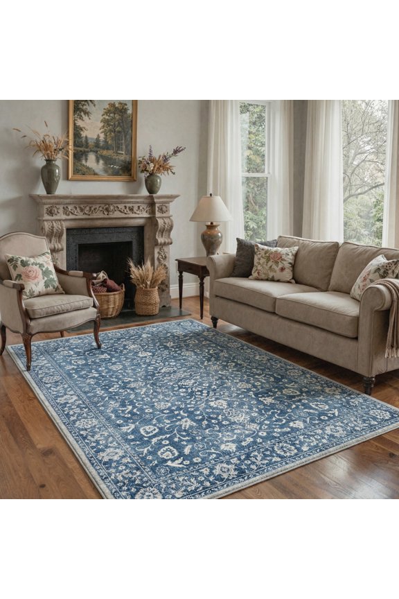 8X10 Vintage Area Rugs Machine Washable Rugs for Living Room, Non Slip Flat Pile Rug with Rubber Backing, Boho Rug for Entryway Bedroom Dining Room Home Office