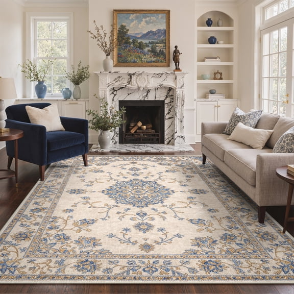 KUETH 8X10 Vintage Area Rugs Machine Washable Rugs for Living Room, Non Slip Flat Pile Rug with Rubber Backing, Boho Rug for Entryway Bedroom Dining Room Home Office
