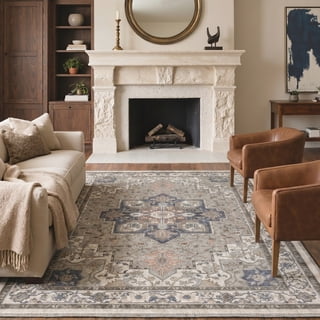 KUETH 8X10 Vintage Area Rugs Machine Washable Rugs for Living Room, Non Slip Flat Pile Rug with Rubber Backing, Boho Rug for Entryway Bedroom Dining Room Home Office