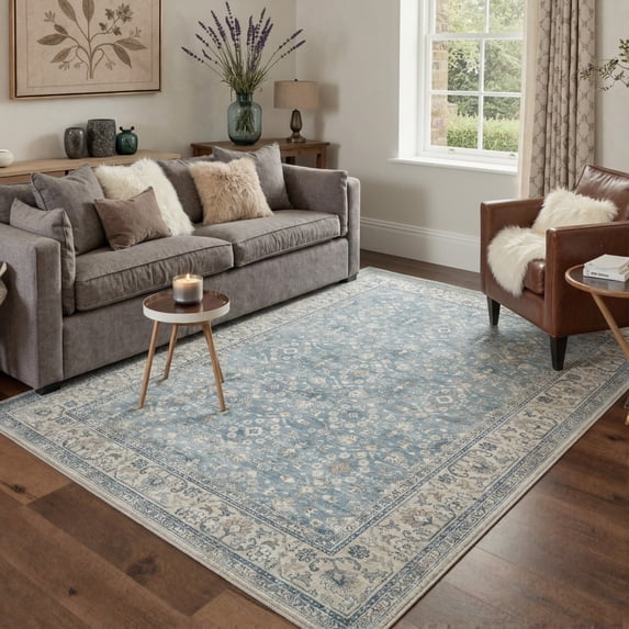 KUETH 8X10 Vintage Area Rugs Machine Washable Rugs for Living Room, Non Slip Flat Pile Rug with Rubber Backing, Boho Rug for Entryway Bedroom Dining Room Home Office