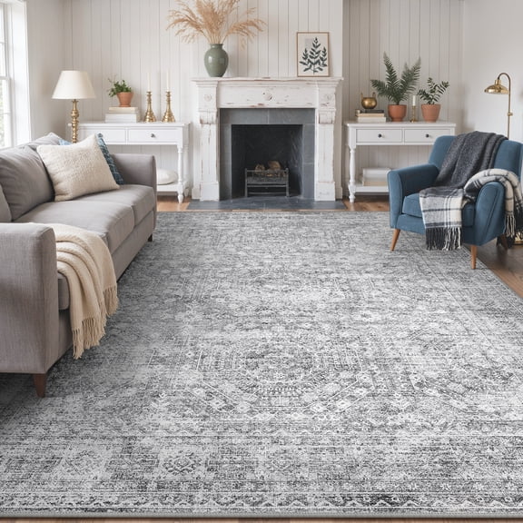 KUETH 8X10 Vintage Area Rugs Machine Washable Rugs for Living Room, Non Slip Flat Pile Rug with Rubber Backing, Persian Rug for Entryway Bedroom Dining Room Home Office