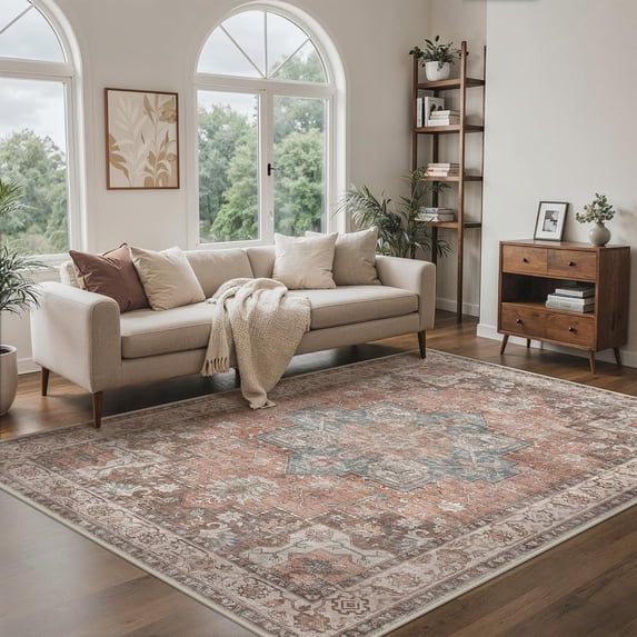 KUETH 8X10 Vintage Area Rugs Machine Washable Rugs for Living Room, Non Slip Flat Pile Rug with Rubber Backing, Persian Rug for Entryway Bedroom Dining Room Home Office