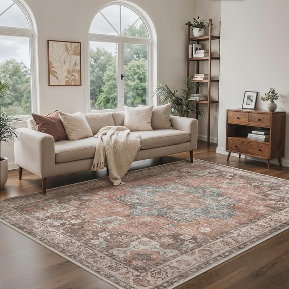 KUETH 8X10 Vintage Area Rugs Machine Washable Rugs for Living Room, Non Slip Flat Pile Rug with Rubber Backing, Persian Rug for Entryway Bedroom Dining Room Home Office