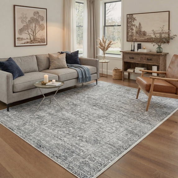 KUETH 8X10 Vintage Area Rugs Machine Washable Rugs for Living Room, Non Slip Flat Pile Rug with Rubber Backing, Persian Rug for Entryway Bedroom Dining Room Home Office