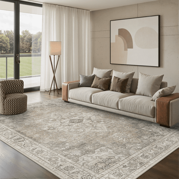 KUETH 8X10 Vintage Area Rugs Machine Washable Rugs for Living Room, Non Slip Flat Pile Rug with Rubber Backing, Persian Rug for Entryway Bedroom Dining Room Home Office