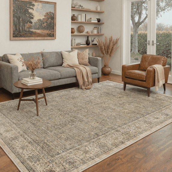 KUETH 8X10 Vintage Area Rugs Machine Washable Rugs for Living Room, Non Slip Flat Pile Rug with Rubber Backing, Persian Rug for Entryway Bedroom Dining Room Home Office