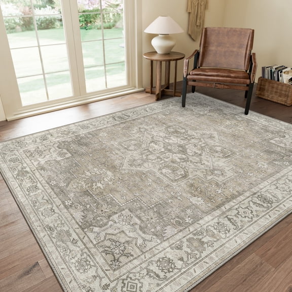 KUETH 8X10 Vintage Area Rugs Machine Washable Rugs for Living Room, Non Slip Flat Pile Rug with Rubber Backing, Persian Rug for Entryway Bedroom Dining Room Home Office