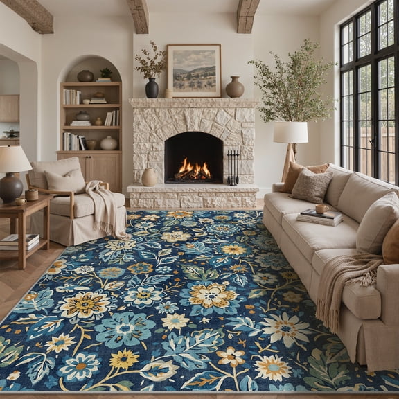 KUETH 8X10 Vintage Floral Area Rugs Machine Washable Rugs for Living Room, Non Slip Flat Pile Rug with Rubber Backing, Boho Rug for Entryway Bedroom Dining Room Home Office