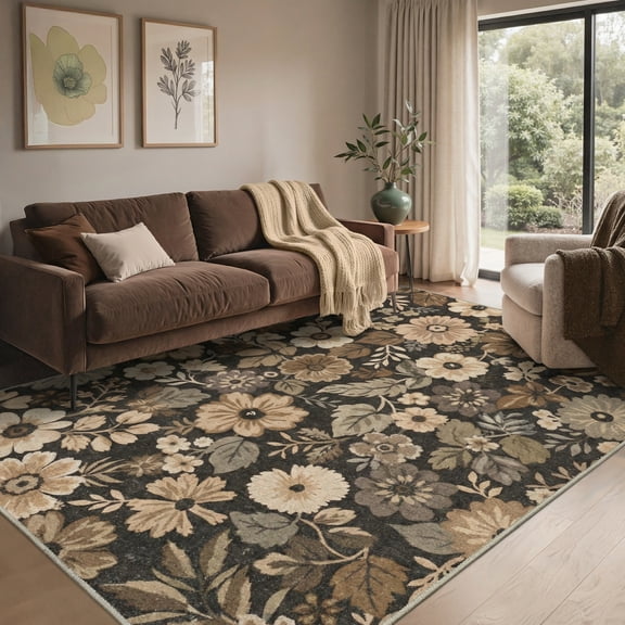 KUETH 8X10 Vintage Floral Area Rugs Machine Washable Rugs for Living Room, Non Slip Flat Pile Rug with Rubber Backing, Boho Rug for Entryway Bedroom Dining Room Home Office