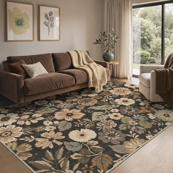 KUETH 8X10 Vintage Floral Area Rugs Machine Washable Rugs for Living Room, Non Slip Flat Pile Rug with Rubber Backing, Boho Rug for Entryway Bedroom Dining Room Home Office