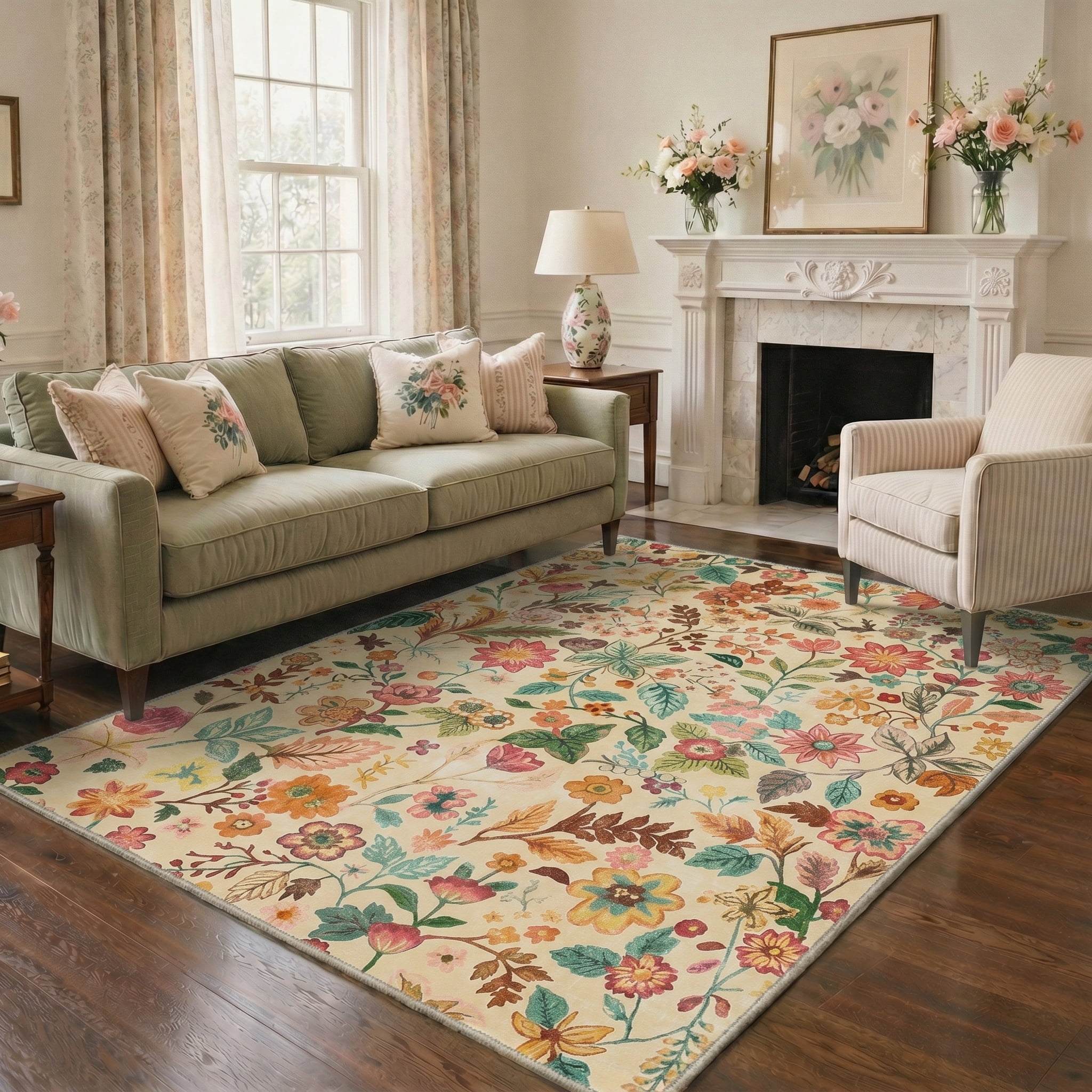 KUETH 8X10 Vintage Floral Area Rugs Machine Washable Rugs for Living Room, Non Slip Flat Pile Rug with Rubber Backing, Boho Rug for Entryway Bedroom Dining Room Home Office
