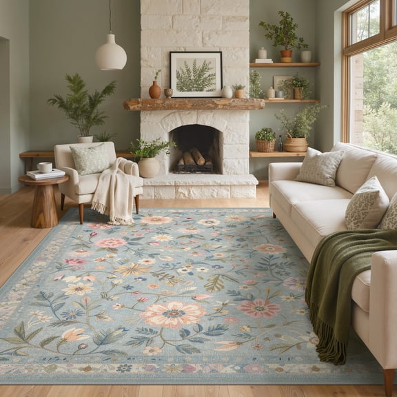 KUETH 8X10 Vintage Floral Area Rugs Machine Washable Rugs for Living Room, Non Slip Flat Pile Rug with Rubber Backing, Boho Rug for Entryway Bedroom Dining Room Home Office