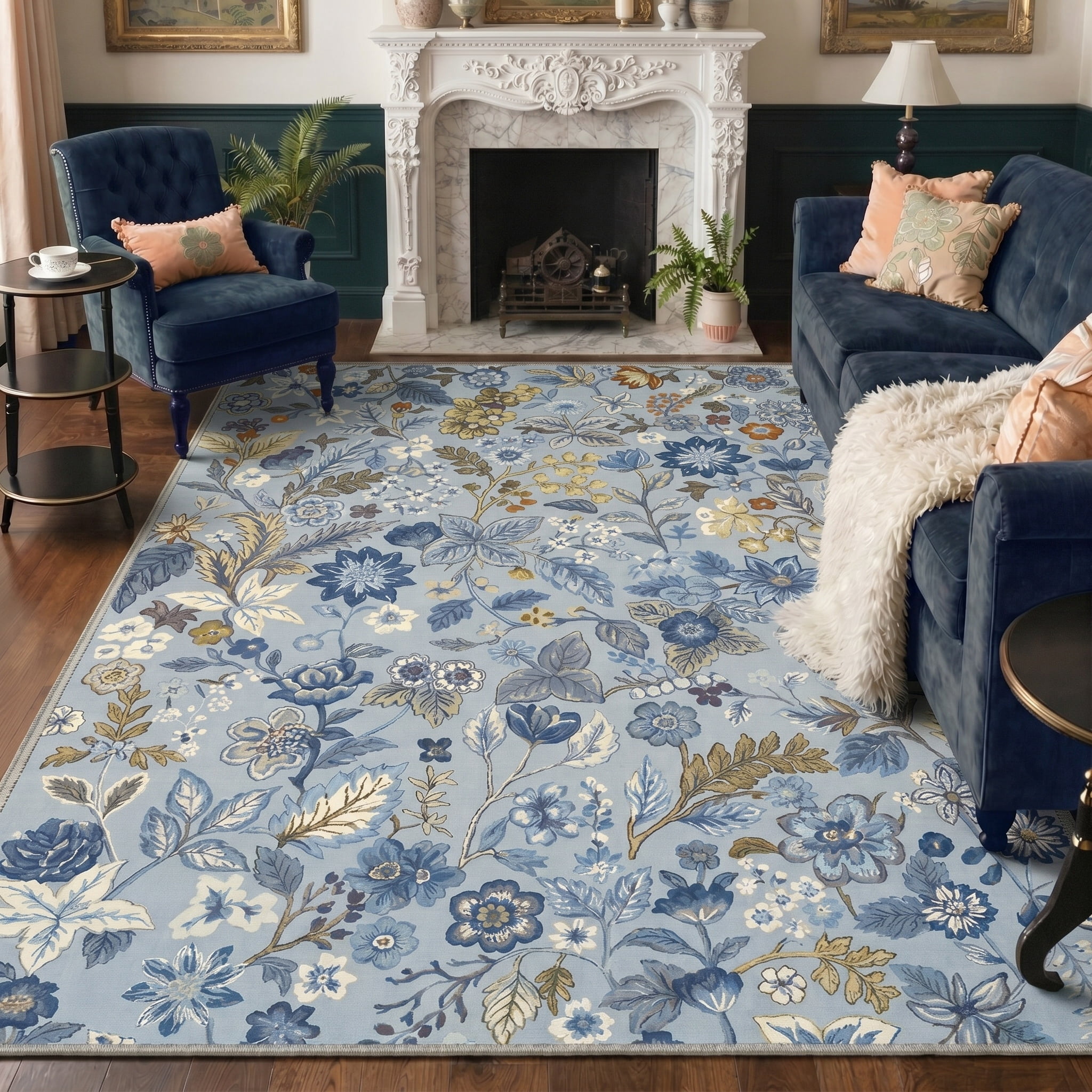 KUETH 8X10 Vintage Floral Area Rugs Machine Washable Rugs for Living Room, Non Slip Flat Pile Rug with Rubber Backing, Boho Rug for Entryway Bedroom Dining Room Home Office