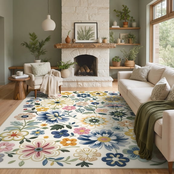 KUETH 8X10 Vintage Floral Area Rugs Machine Washable Rugs for Living Room, Non Slip Flat Pile Rug with Rubber Backing, Boho Rug for Entryway Bedroom Dining Room Home Office