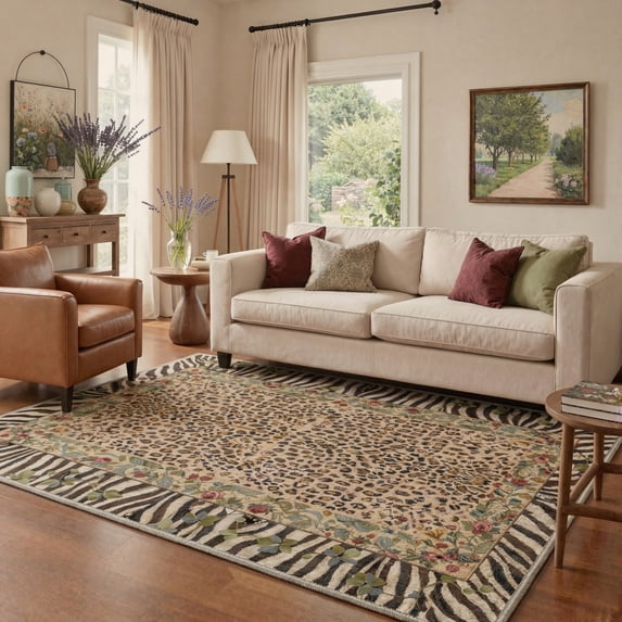 KUETH 8x10 Area Rugs for Living Room Non Slip Low Pile Lightweight Print Pattern, Machine Washable Indoor Rug for Bedroom Home Decor, Leopard Floral, Dusty Camel