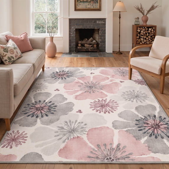 KUETH 8x10 Low Pile Soft Floral Rug for Living Room, Large Machine Washable Soft Non Slip Backing Area Rug, Ash Rose Rug for Bedroom Office