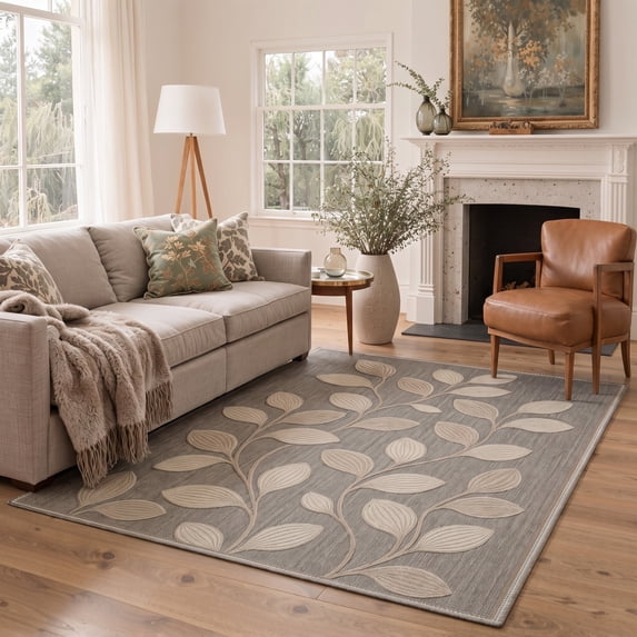 KUETH 8x10 Machine Washable Floral Rug for Living Room, Large Soft Low Pile Non Slip Backing Area Rug, Dusty Greige Rug for Bedroom Dining Room Office
