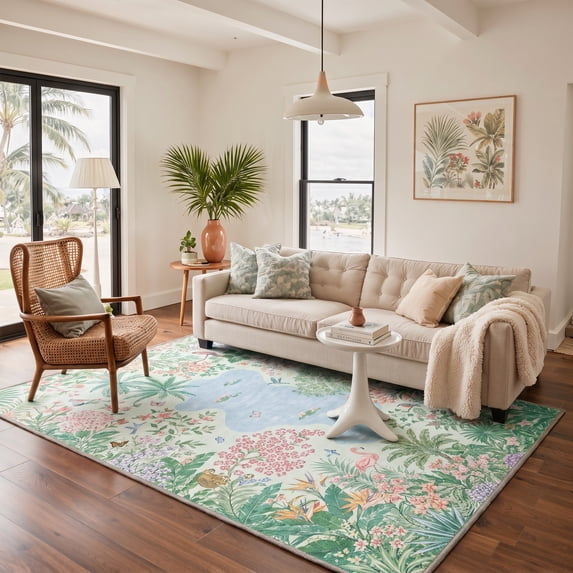 KUETH 8x10 Machine Washable Floral Rug for Living Room, Large Soft Low Pile Non Slip Backing Area Rug, Pastel Mint Rug for Bedroom Dining Room Office