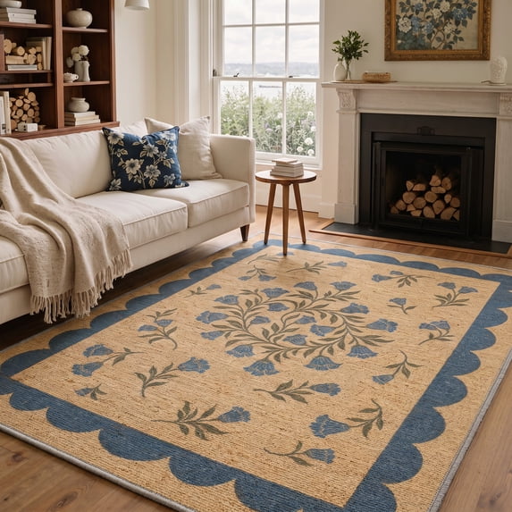 KUETH 8x10 Machine Washable Floral Rug for Living Room, Large Soft Low Pile Non Slip Backing Area Rug, Slate Beige Rug for Bedroom Dining Room Office