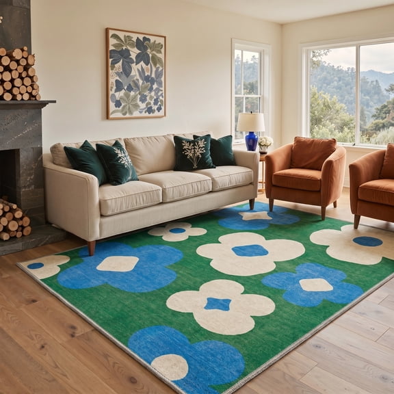 KUETH 8x10 Machine Washable Floral Rug for Living Room, Large Soft Low Pile Non Slip Backing Area Rug, TEAL BLOOM Rug for Bedroom Dining Room Office