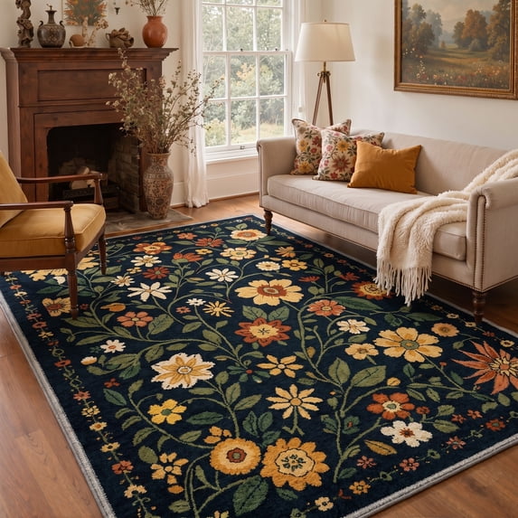 KUETH 8x10 Machine Washable Modern Floral Rug for Living Room, Large Soft Low Pile Non Slip Backing Area Rug, Midnight Navy Rug for Bedroom Dining Room Office