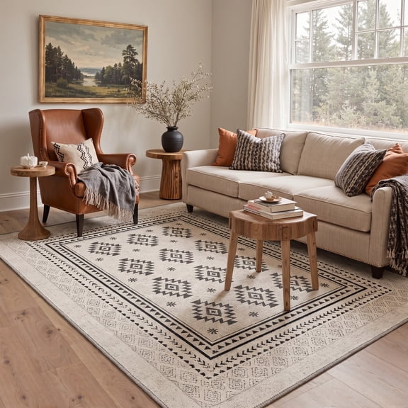 KUETH 8x10 Minimal Style Rug for Living Room, Large Machine Washable Soft Low Pile Non Slip Backing Area Rug, Ivory Charcoal Rug for Bedroom Office
