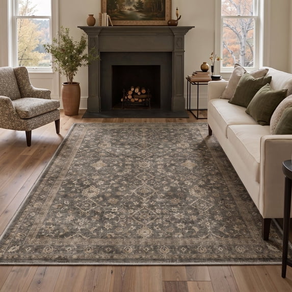 KUETH 8x10 Persian Area Rug for Living Room, Large Machine Washable Soft Low Pile Non Slip Backing Area Rug, FLORAL Rug for Bedroom Office