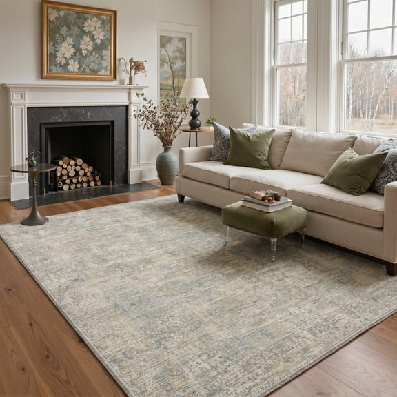 KUETH 8x10 Persian Area Rug for Living Room, Large Machine Washable Soft Low Pile Non Slip Backing Area Rug, OCHRE BLOOM Rug for Bedroom Office