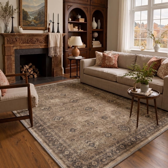 KUETH 8x10 Vintage Area Rug for Living Room, Large Machine Washable Soft Low Pile Non Slip Backing Area Rug, TAUPE Rug for Bedroom Office