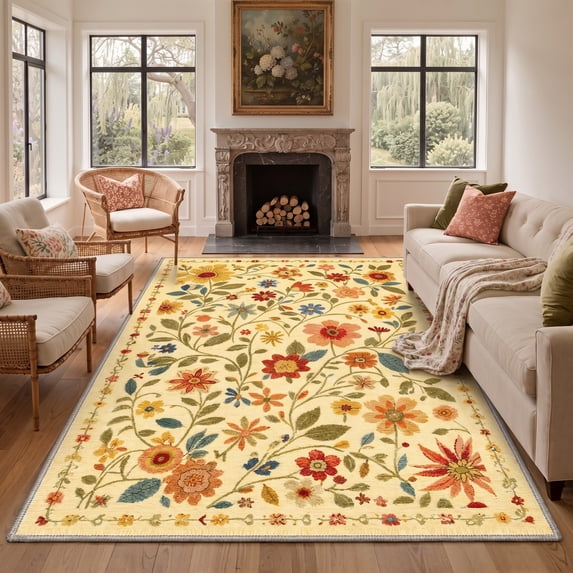 KUETH 8x10 Soft Botanical Rug for Living Room, Large Machine Washable Low Pile Non Slip Backing Area Rug, Warm Cream Rug for Bedroom Office
