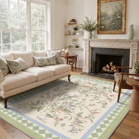 KUETH 8x10 Soft Botanical Style Rug for Living Room, Large Machine Washable Low Pile Non Slip Backing Area Rug, Mint Cream Rug for Bedroom Office