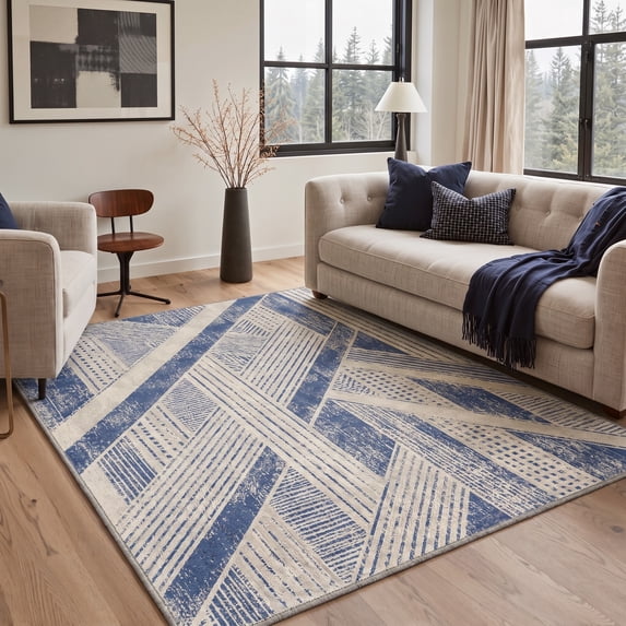 KUETH 8x10 Soft Modern Minimalist Rug for Living Room, Large Machine Washable Low Pile Non Slip Backing Area Rug, Dusty Blue Rug for Bedroom Office