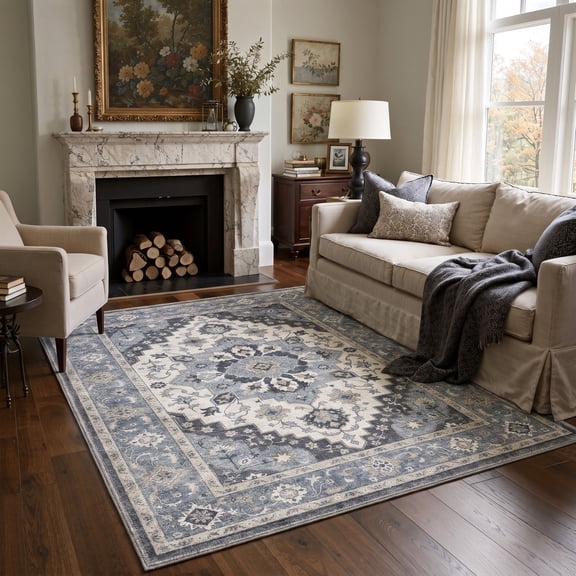 KUETH 8x10 Soft Oriental Persian Rug for Living Room, Large Machine Washable Low Pile Non Slip Backing Area Rug, AZURE Rug for Bedroom Office