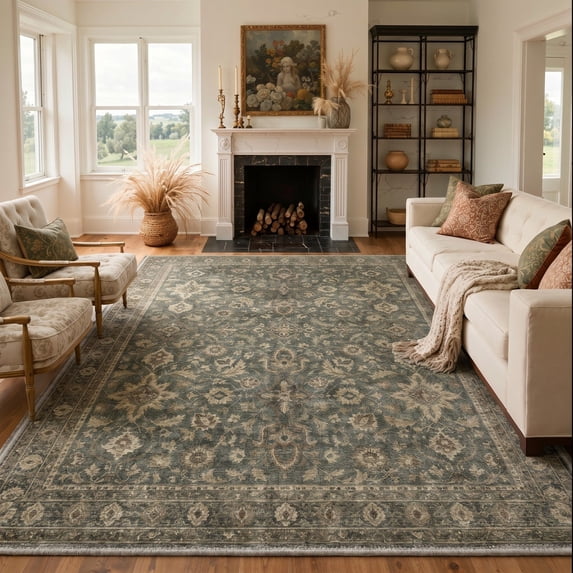 KUETH 8x10 Soft Oriental Persian Rug for Living Room, Large Machine Washable Low Pile Non Slip Backing Area Rug, VERDANT Rug for Bedroom Office