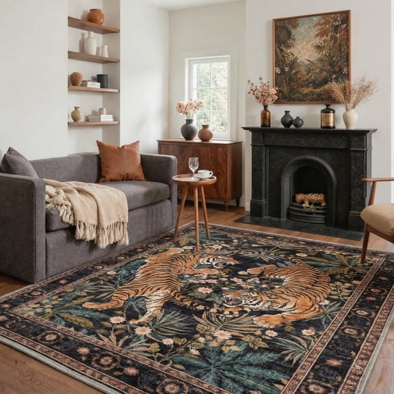 KUETH 8x10 Tiger Area Rugs for Living Room, Non Slip Machine Washable Vintage Boho Rug, Low Pile Print Rug for Bedroom Dining Room Home Office