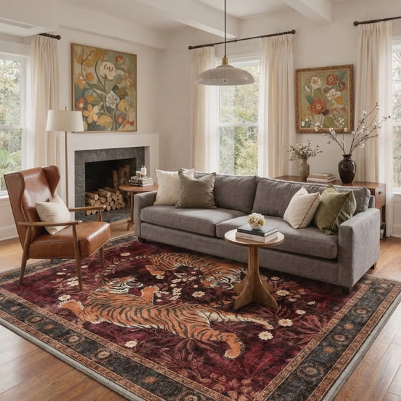 KUETH 8x10 Tiger Area Rugs for Living Room, Non Slip Machine Washable Vintage Boho Rug, Low Pile Print Rug for Bedroom Dining Room Home Office