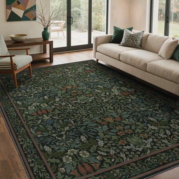 KUETH 8x10 Vintage Floral Area Rugs Machine Washable Rugs for Living Room, Non Slip Flat Pile Rug with Rubber Backing, Boho Rug for Entryway Bedroom Dining Room Home Office