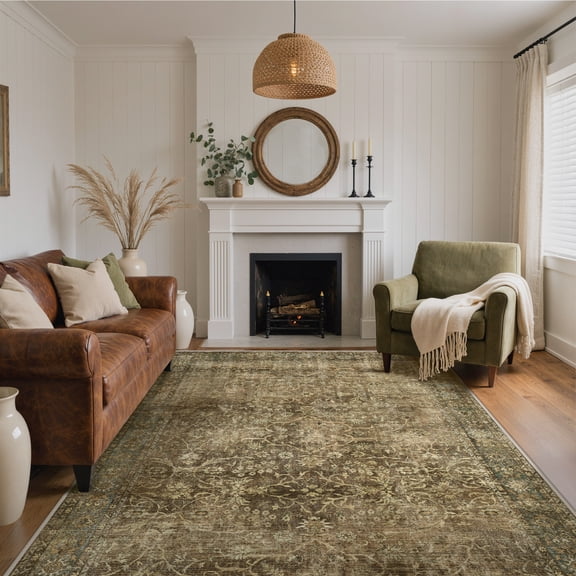 KUETH 8x10 Vintage Floral Area Rugs Machine Washable Rugs for Living Room, Non Slip Flat Pile Rug with Rubber Backing, Boho Rug for Entryway Bedroom Dining Room Home Office